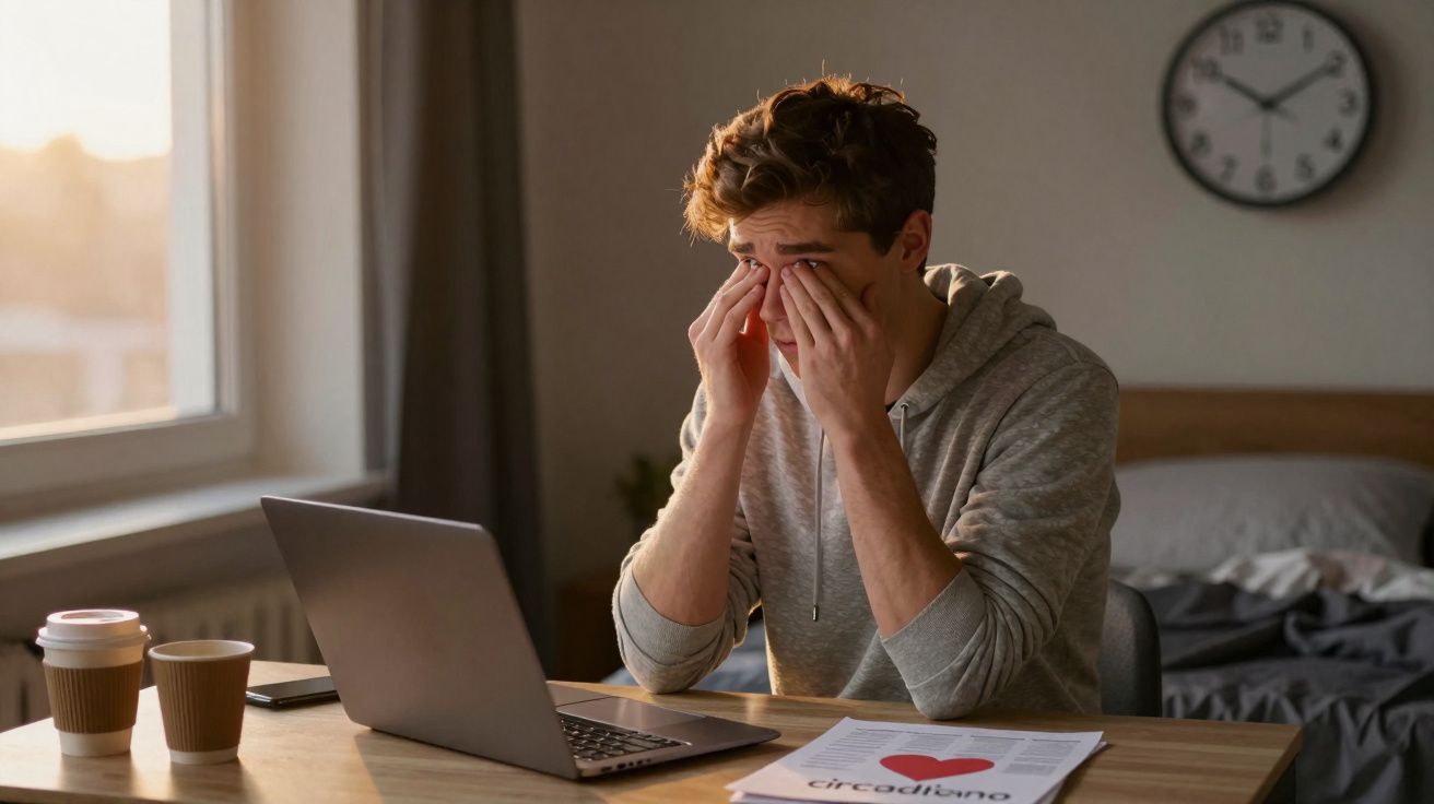 Homem jovem sentado à mesa a esfregar os olhos, com computador portátil e documentos com um coração desenhado.