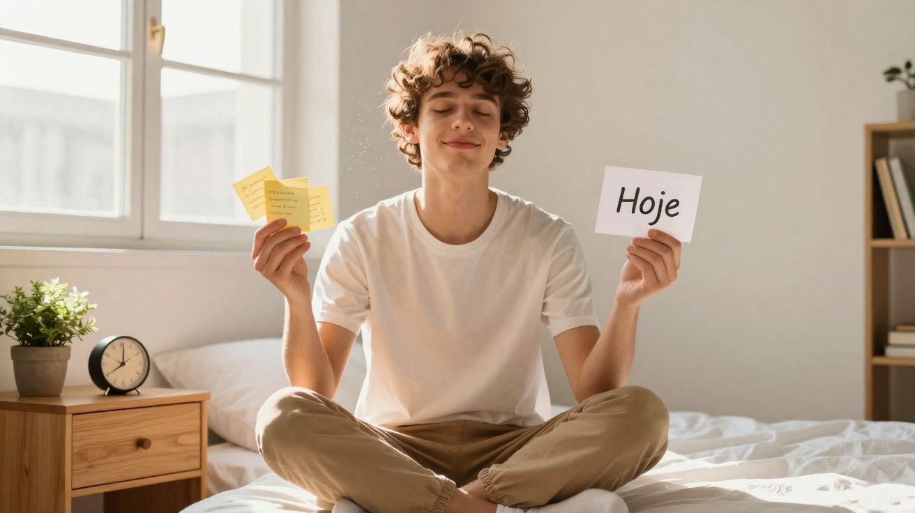 Jovem sentado na cama de pernas cruzadas, sorrindo com olhos fechados, segurando notas e um cartão com "Hoje".