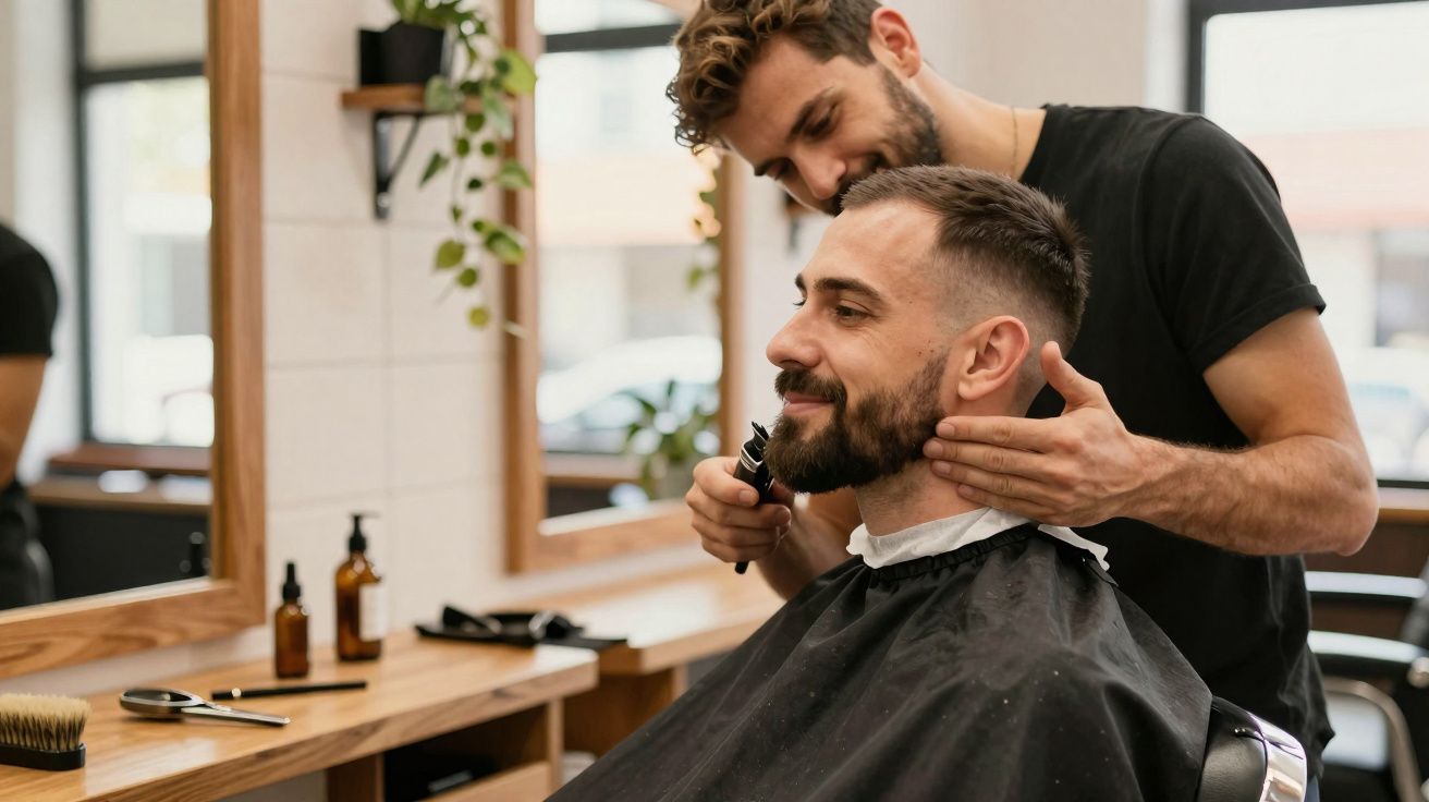 Homem sorridente a receber corte e aparar da barba por barbeiro numa barbearia moderna e iluminada.