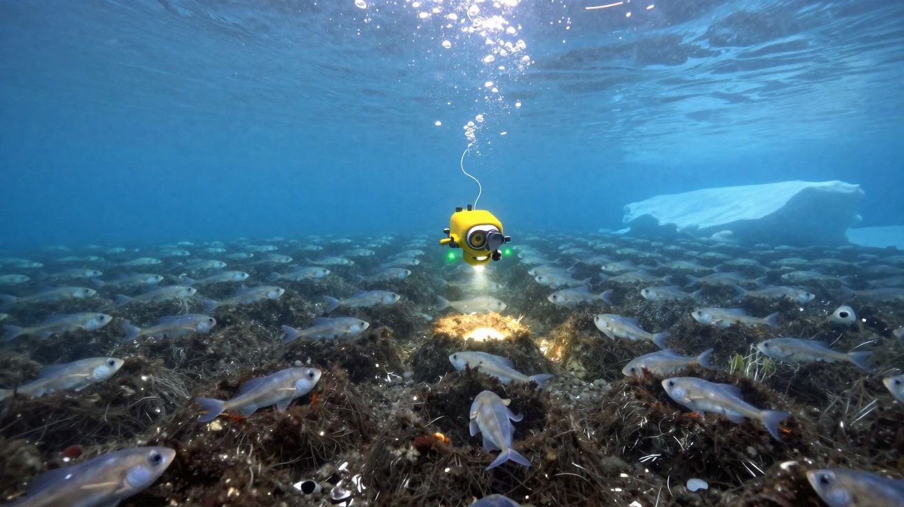 Veículo subaquático amarelo explora fundo marinho repleto de cardumes de peixes pequenos e algas.