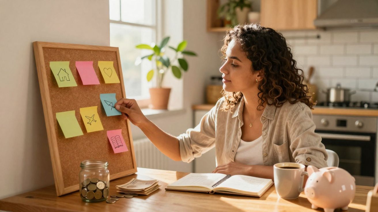 Mulher a planear finanças em casa, com quadro de notas, cofrinho, caderno e moedas numa cozinha iluminada.