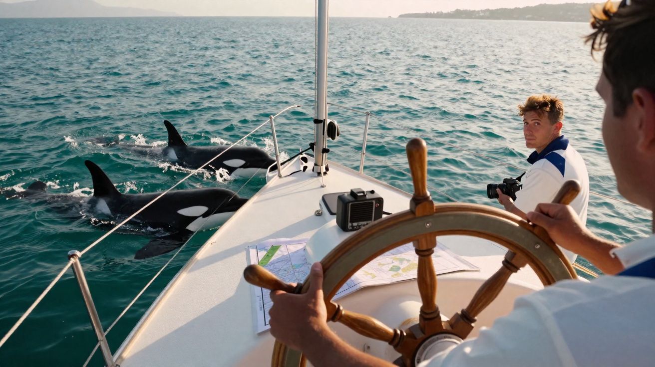 Duas orcas nadando perto da proa de um barco com dois homens a observar e fotografar o mar.
