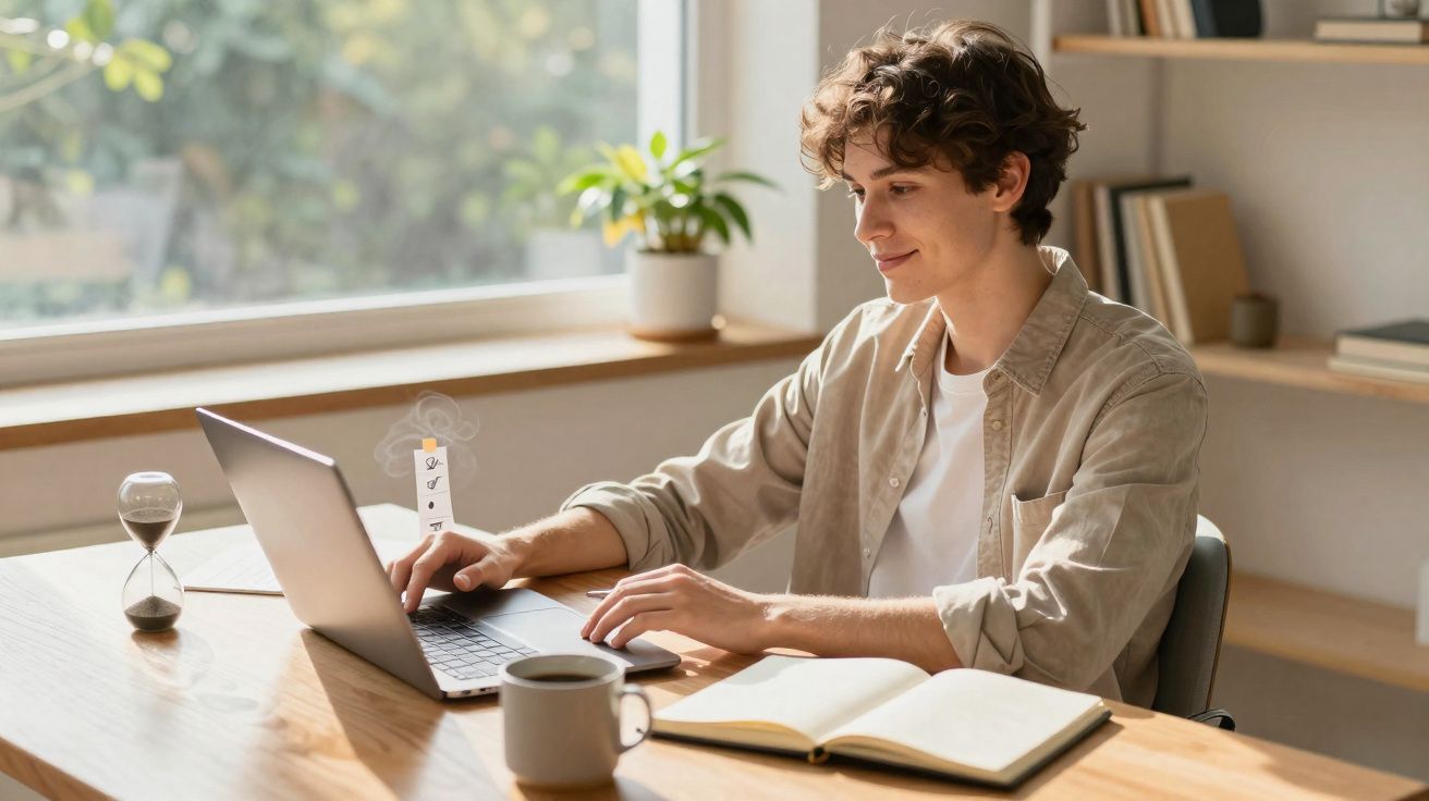 Jovem a trabalhar num computador portátil com agenda aberta, chá e ampulheta numa mesa iluminada por luz natural.