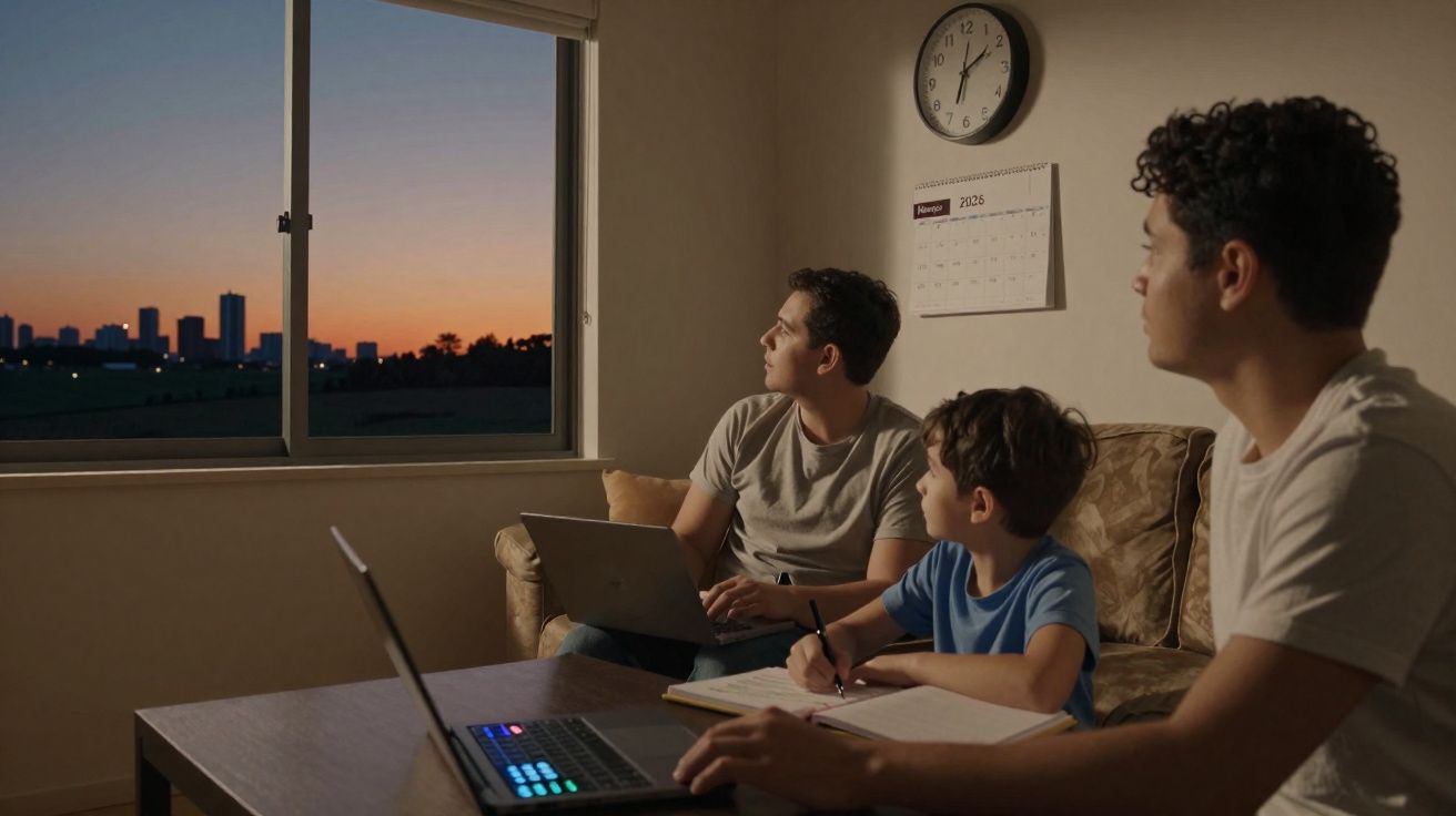 Três jovens sentados no sofá com computadores e caderno, a olhar pela janela ao anoitecer.