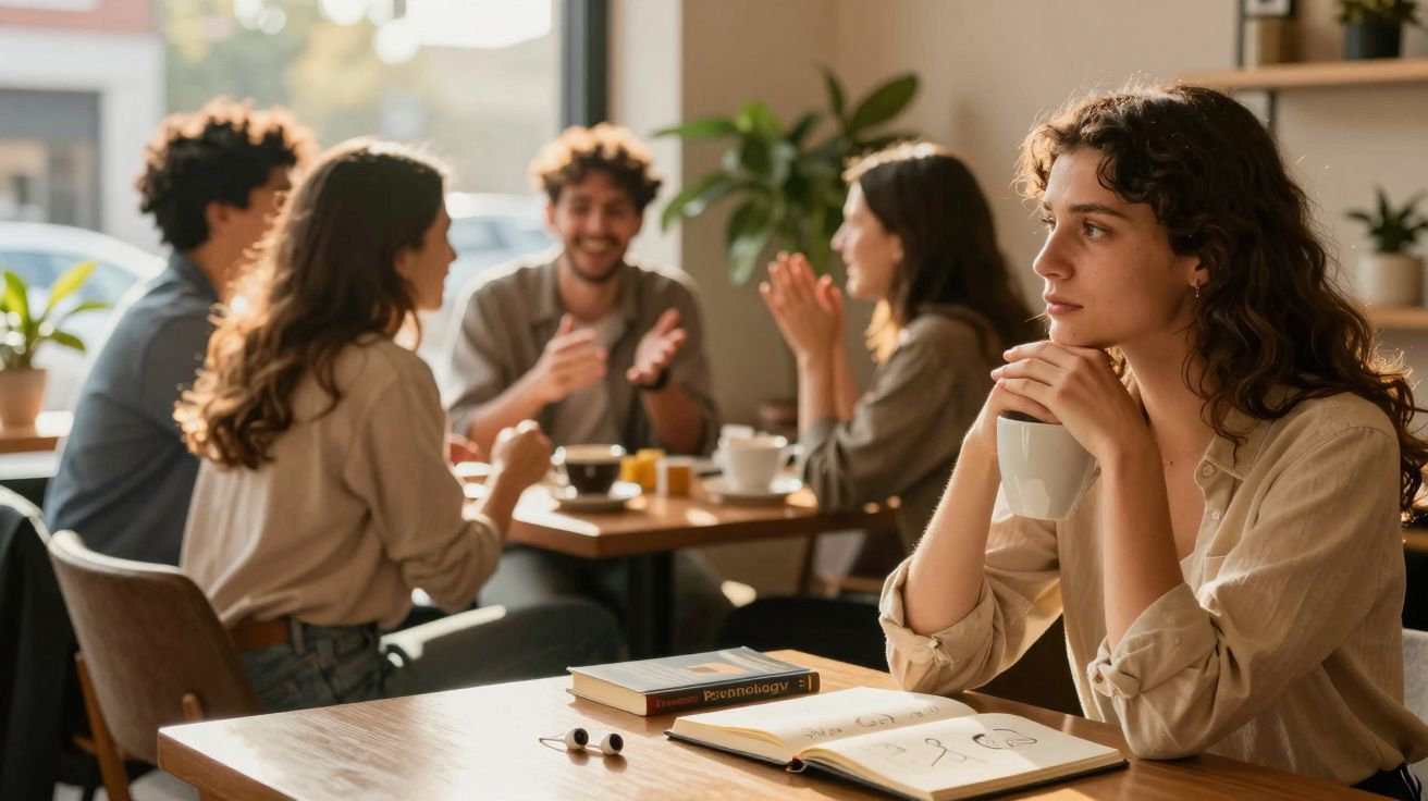 Jovem mulher sentada sozinha a beber café num café, enquanto grupo de amigos conversa ao fundo.