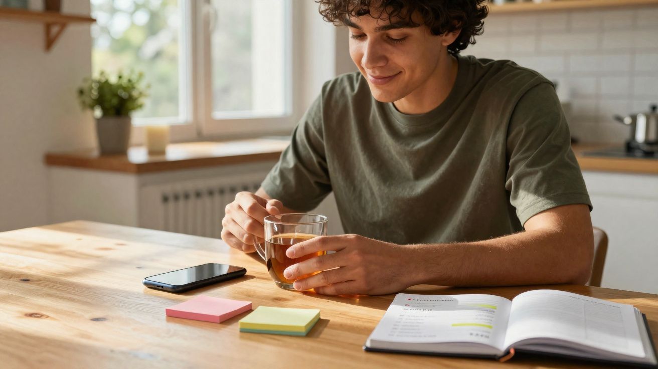 Jovem sentado à mesa em casa, segurando chá, com livro aberto, telemóvel e notas adesivas à sua frente.
