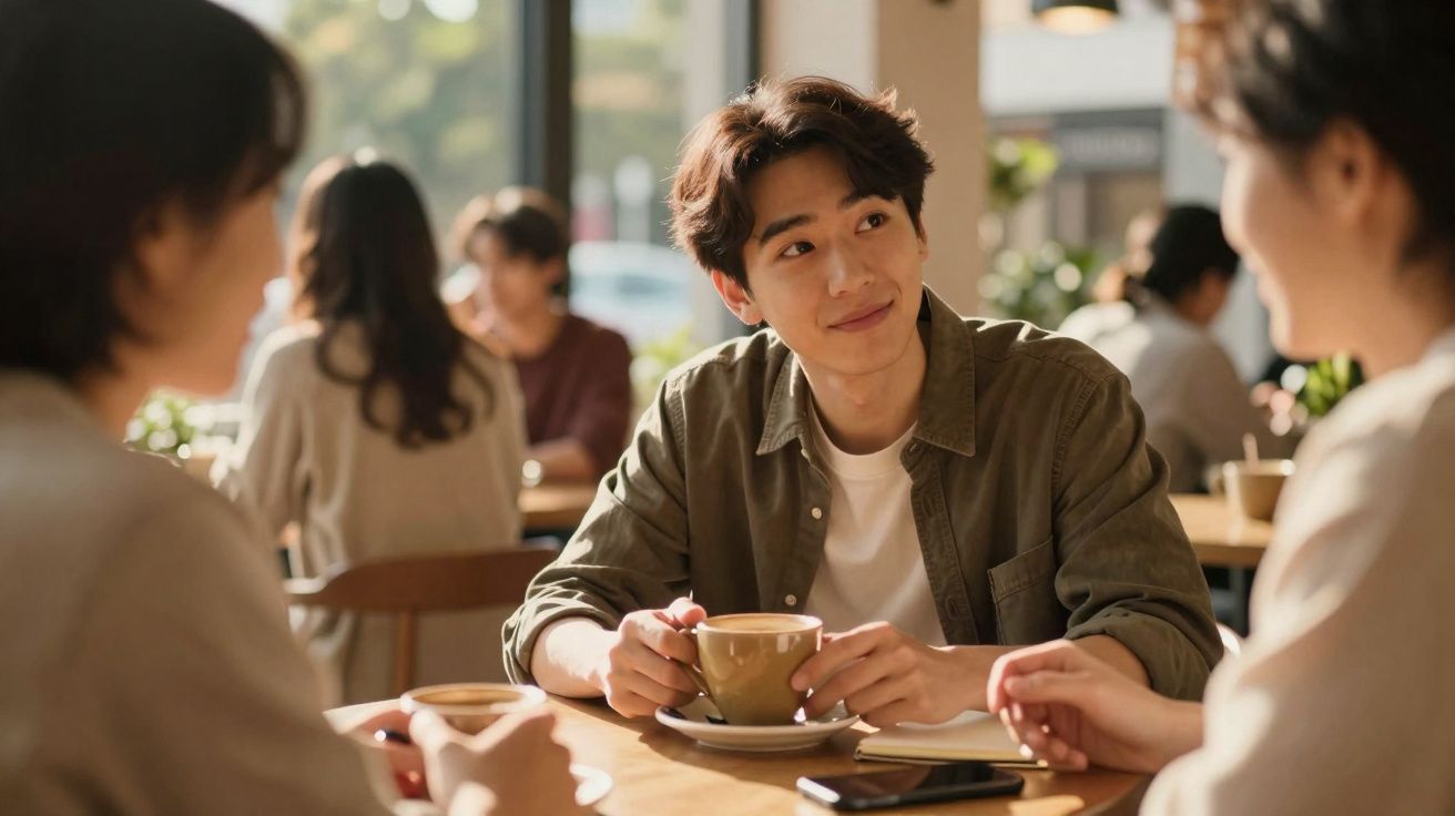 Jovem segurando chávena de café, conversando animadamente com duas pessoas num café iluminado.