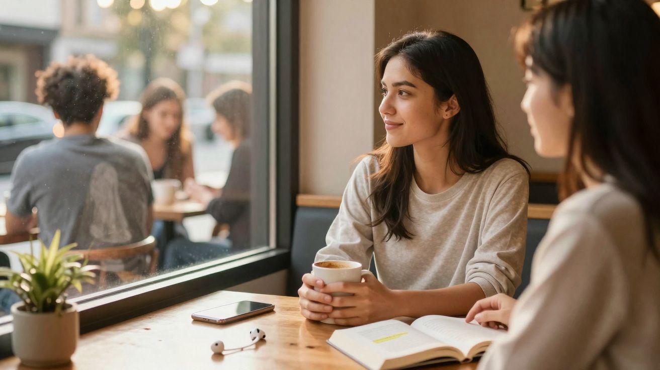 Duas jovens sentadas num café, uma com café na mão e outra a ler um livro, junto a uma janela.