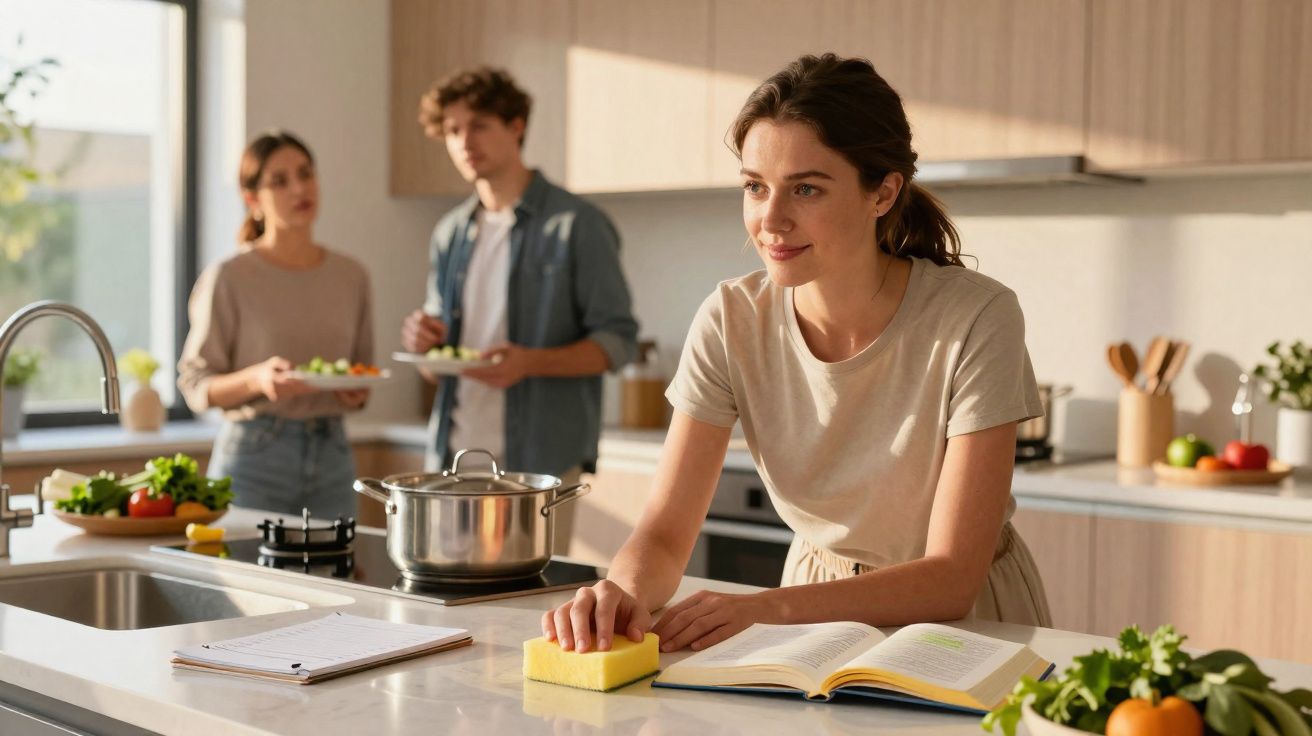 Mulher limpa bancada da cozinha enquanto dois jovens preparam salada ao fundo numa manhã iluminada.