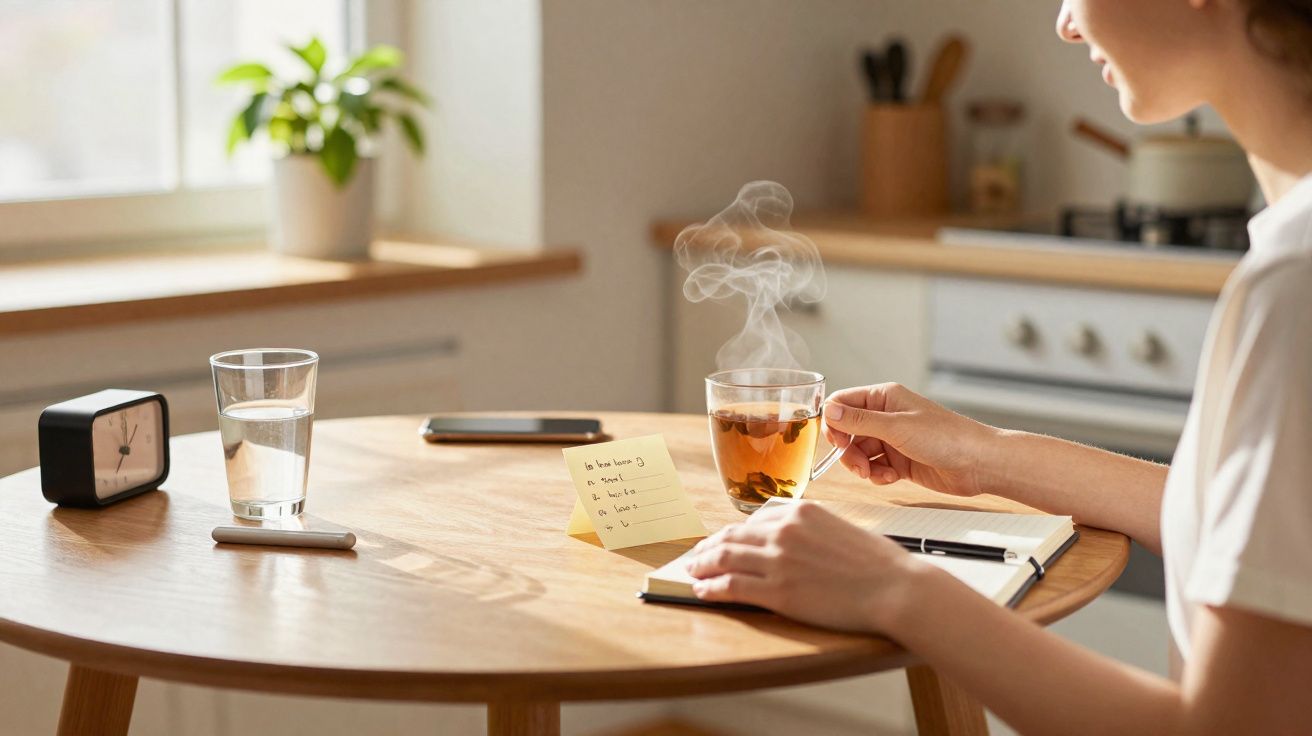 Pessoa a beber chá quente enquanto escreve num caderno numa mesa de madeira com objetos à volta.