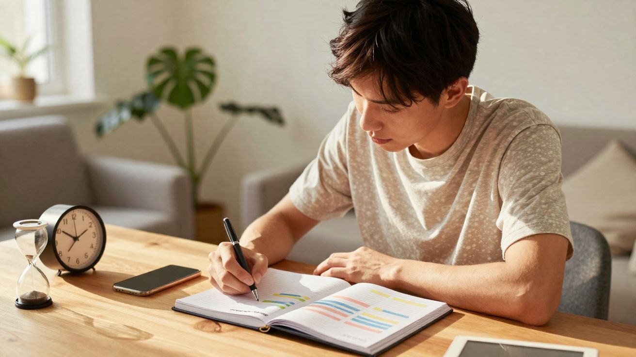 Jovem a estudar e escrever num caderno com gráficos, ao lado de um relógio, uma ampulheta e um telemóvel numa mesa.