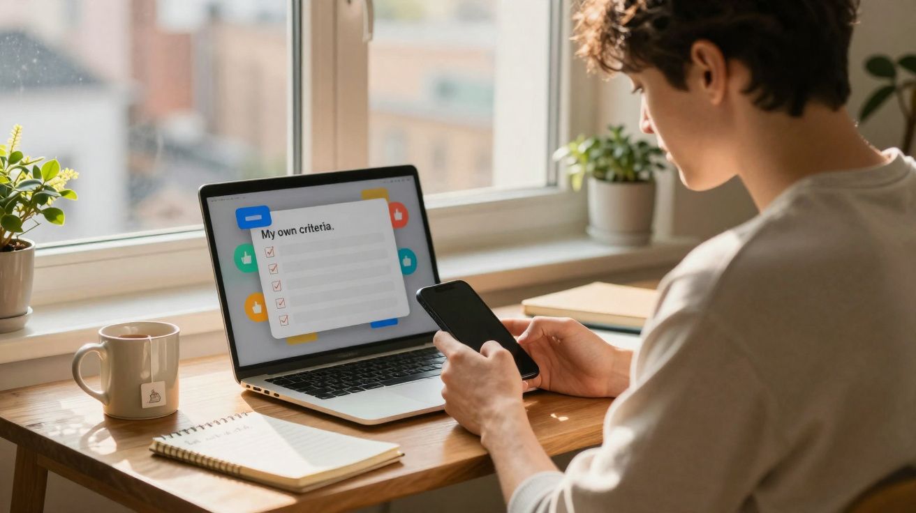 Jovem sentado numa secretária a usar telemóvel com computador portátil e caderno junto a uma janela.