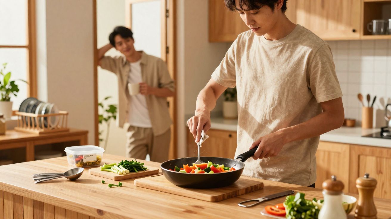Pessoa a cozinhar legumes salteados em frigideira na cozinha, enquanto outra pessoa bebe chá ao fundo.