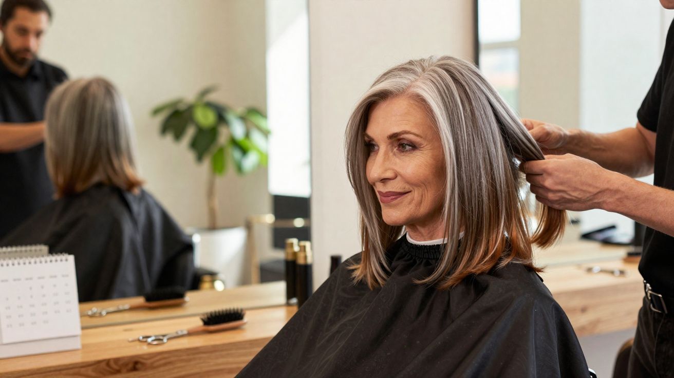 Mulher sorridente a receber corte de cabelo num salão, cabelo cinzento liso, cabeleireiro ao lado.
