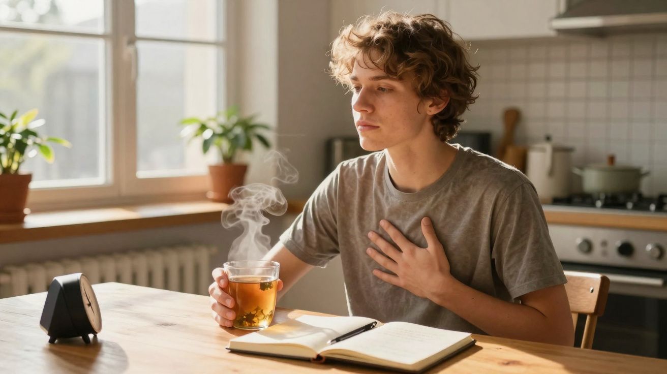 Jovem sentado à mesa com chá quente, mão no peito, caderno aberto e relógio na cozinha iluminada.