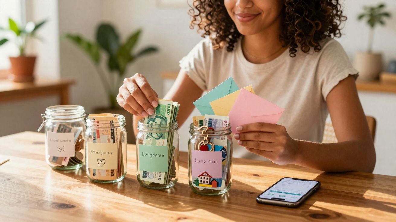 Mulher a guardar dinheiro em frascos etiquetados para diferentes objetivos financeiros numa mesa com telemóvel.