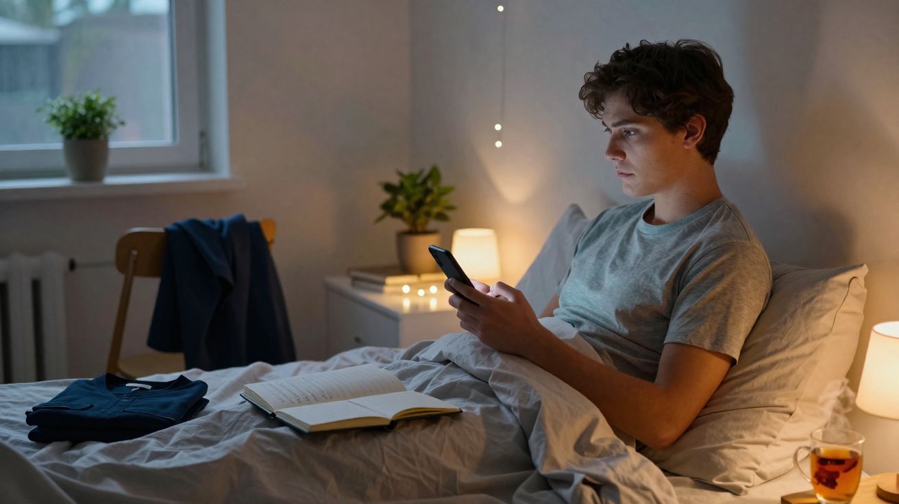 Jovem sentado na cama à noite, a olhar para o telemóvel, com livros e roupa ao redor no quarto iluminado.