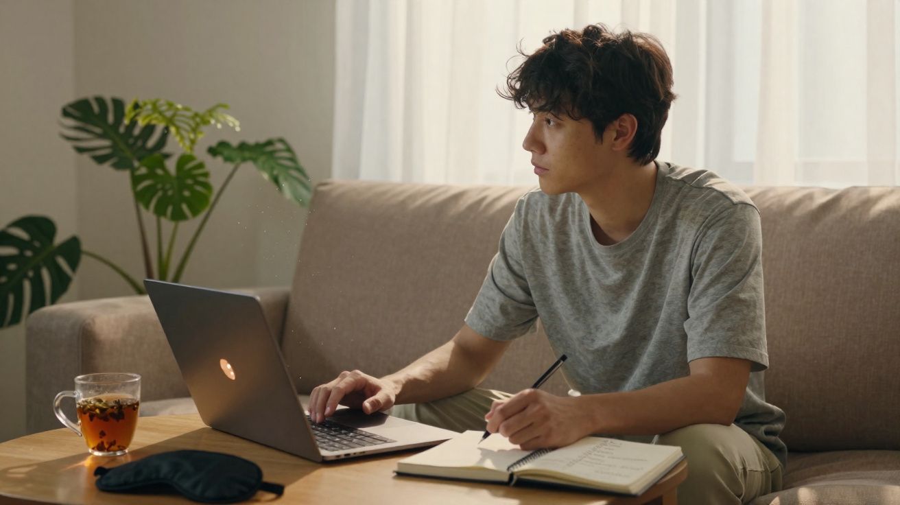 Homem sentado no sofá a trabalhar no computador com caderno e chá numa mesa à frente, luz natural entrando pela janela.