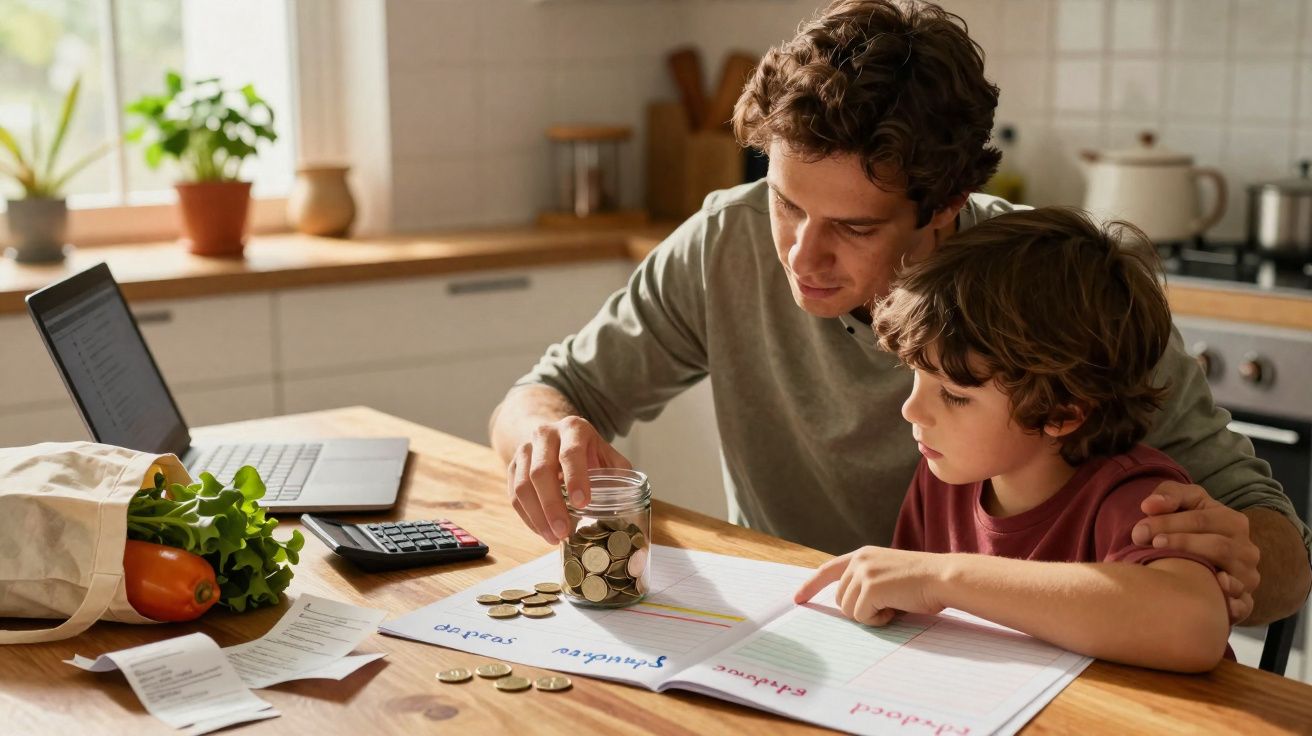 Pai e filho a contar moedas juntos numa cozinha, com cadernos e calculadora na mesa.