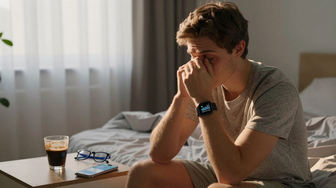 Homem sentado na cama com expressão cansada e mãos no rosto, ao lado mesa com café, óculos e telemóvel.