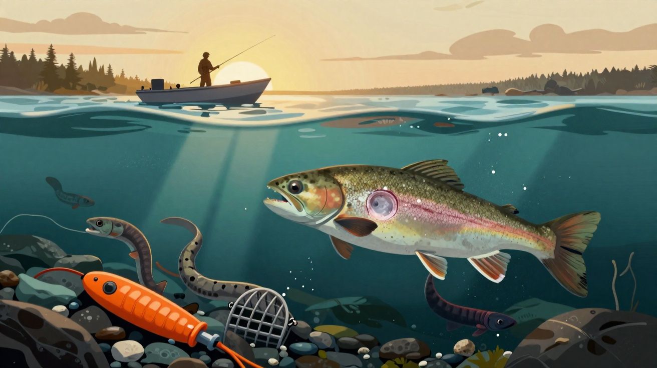 Ilustração de pescador num barco ao pôr do sol e peixe a nadar junto ao fundo rochoso subaquático.
