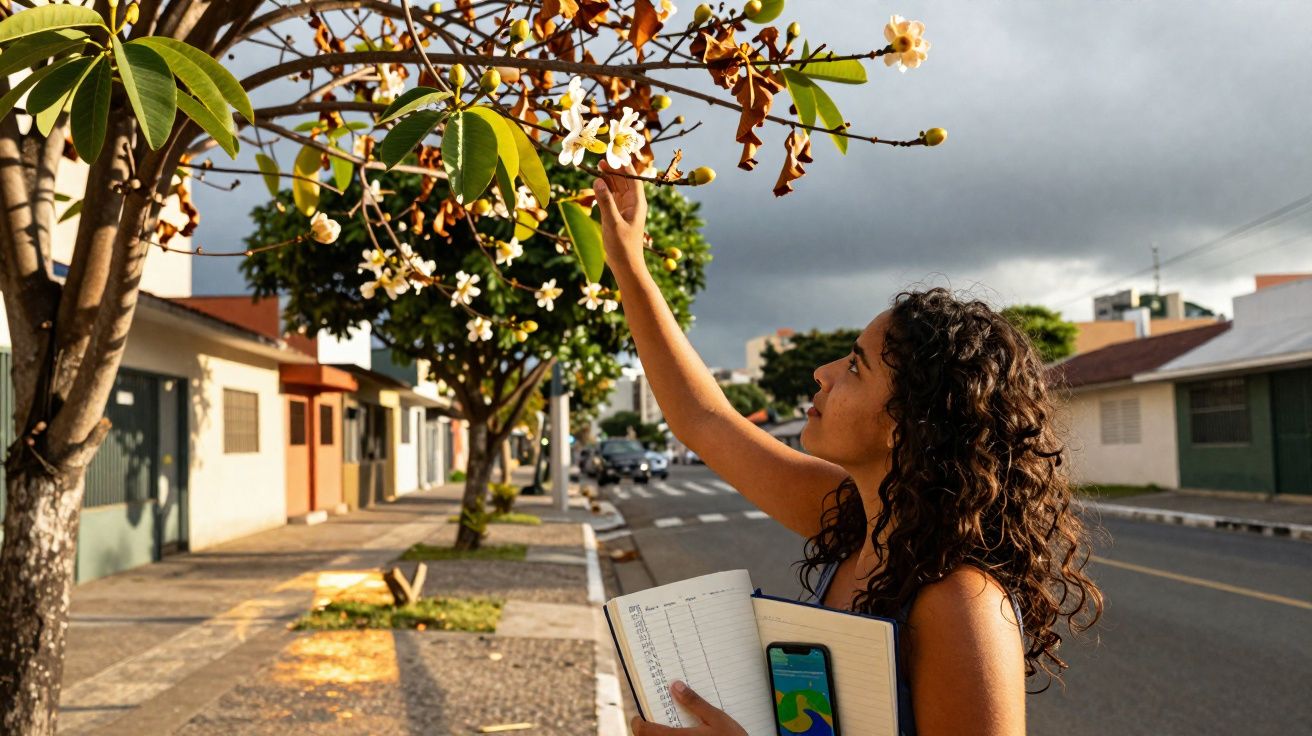 Mulher com cabelo encaracolado apanha flores brancas numa árvore na rua, segurando caderno e telemóvel.