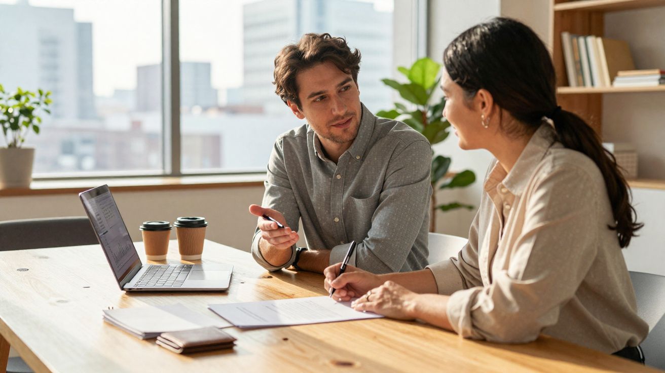 Duas pessoas conversam e analisam documentos numa mesa de escritório com laptop e cafés.