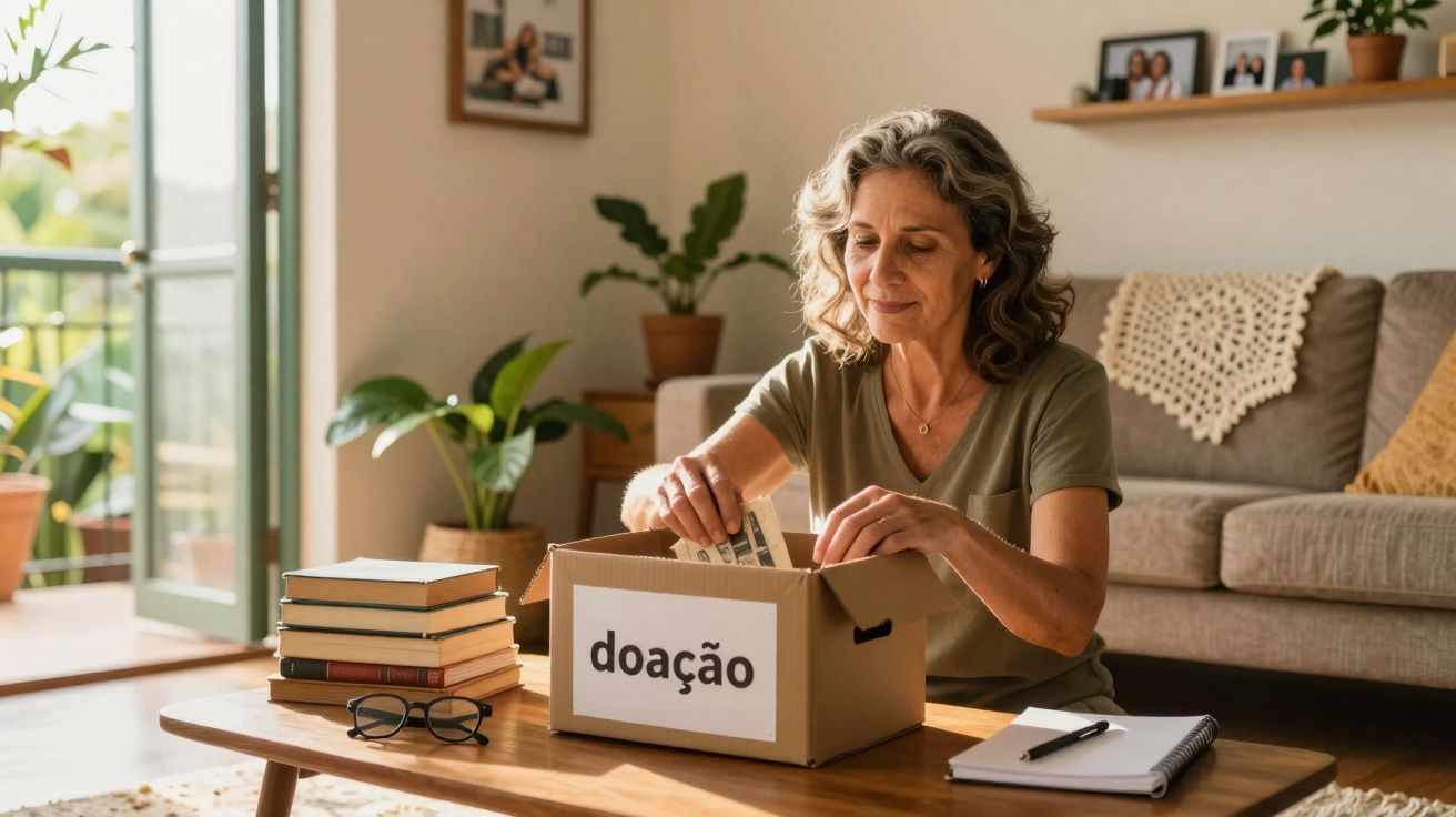 Mulher a colocar dinheiro numa caixa de doação, sentada numa sala iluminada com plantas e livros.