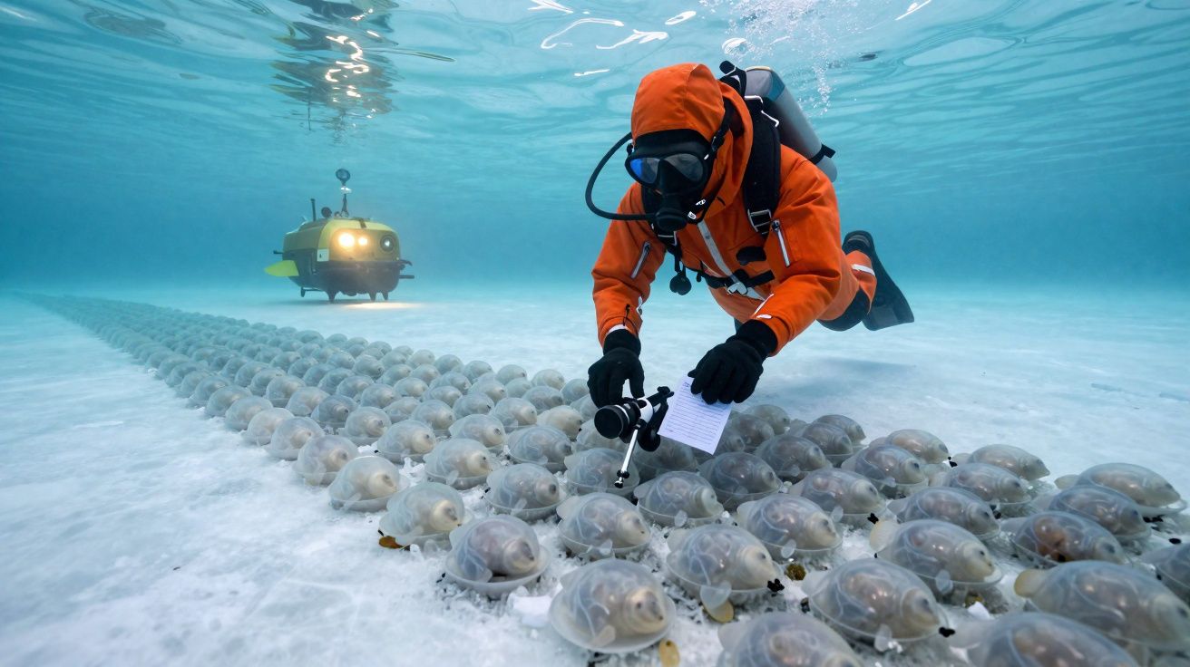 Mergulhador em fato alaranjado examina cápsulas transparentes no fundo do mar com mini-submarino ao fundo.