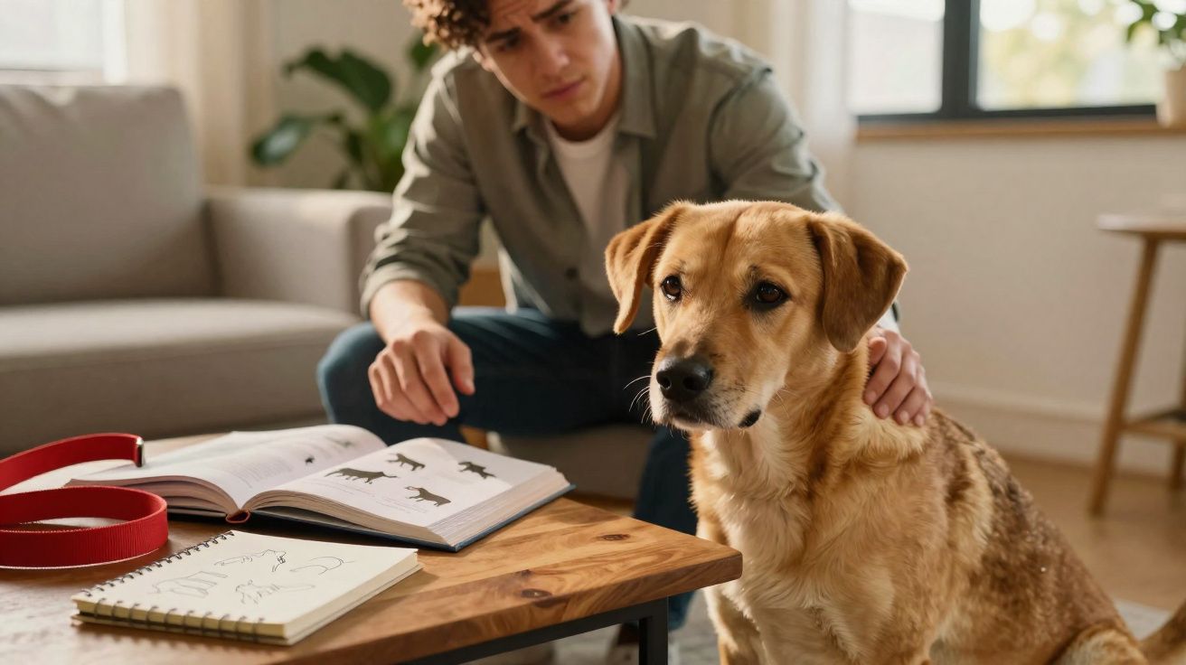Jovem sentado no sofá com livro aberto e cão castanho sentado junto a uma mesa de madeira.
