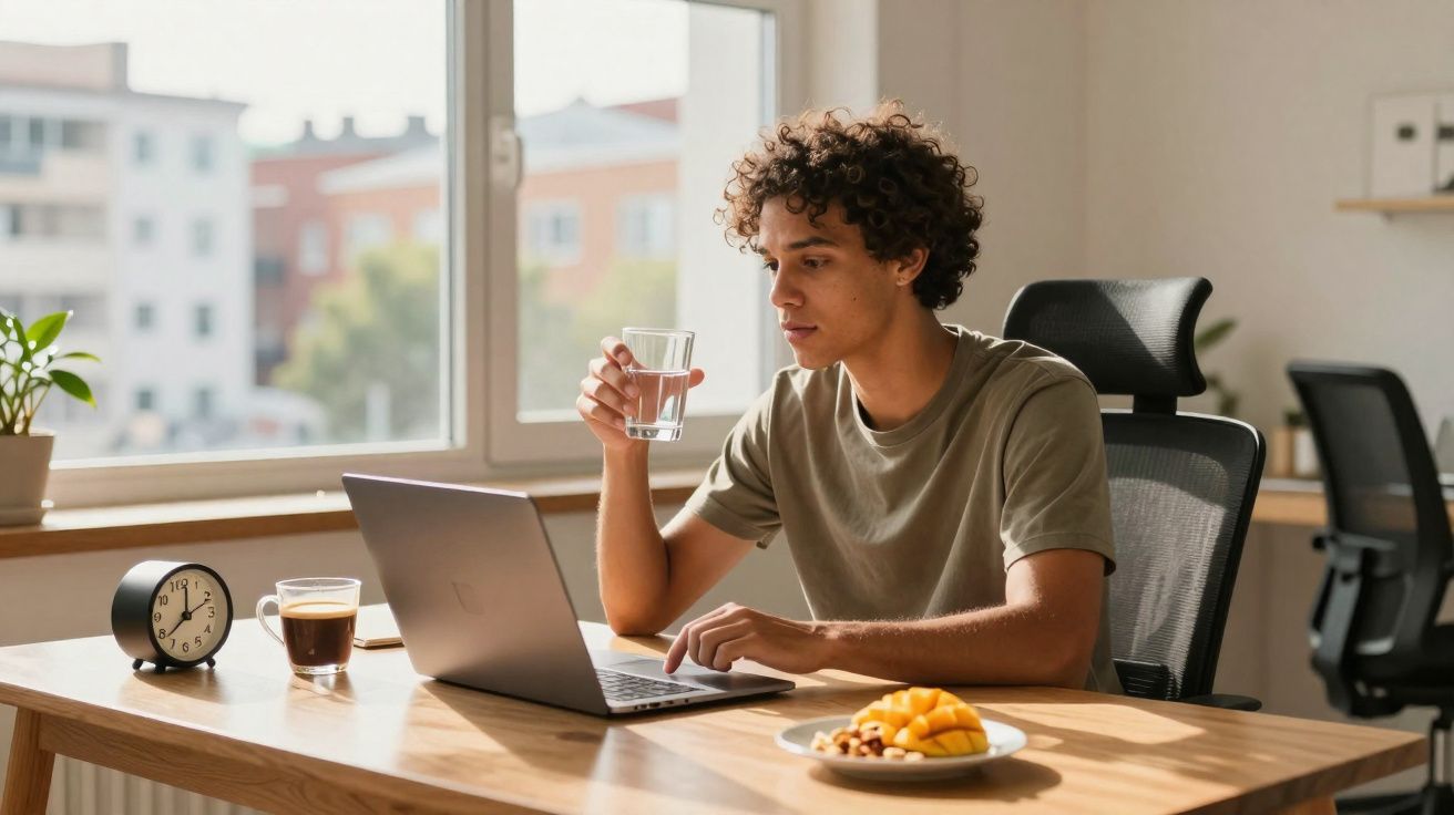Jovem sentado numa secretária com um computador portátil, a beber água, com um pequeno almoço à sua frente.