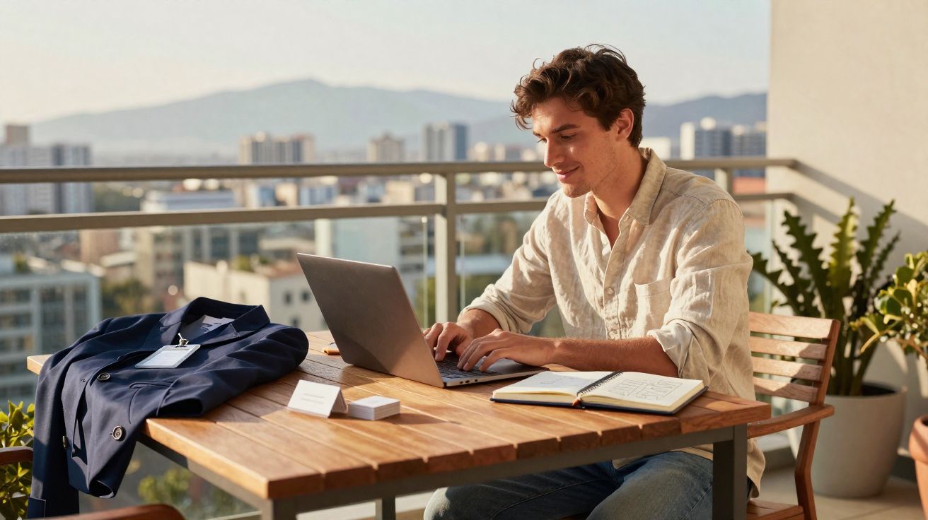 Jovem a trabalhar num portátil num terraço com vista para a cidade e caderno aberto numa mesa de madeira.