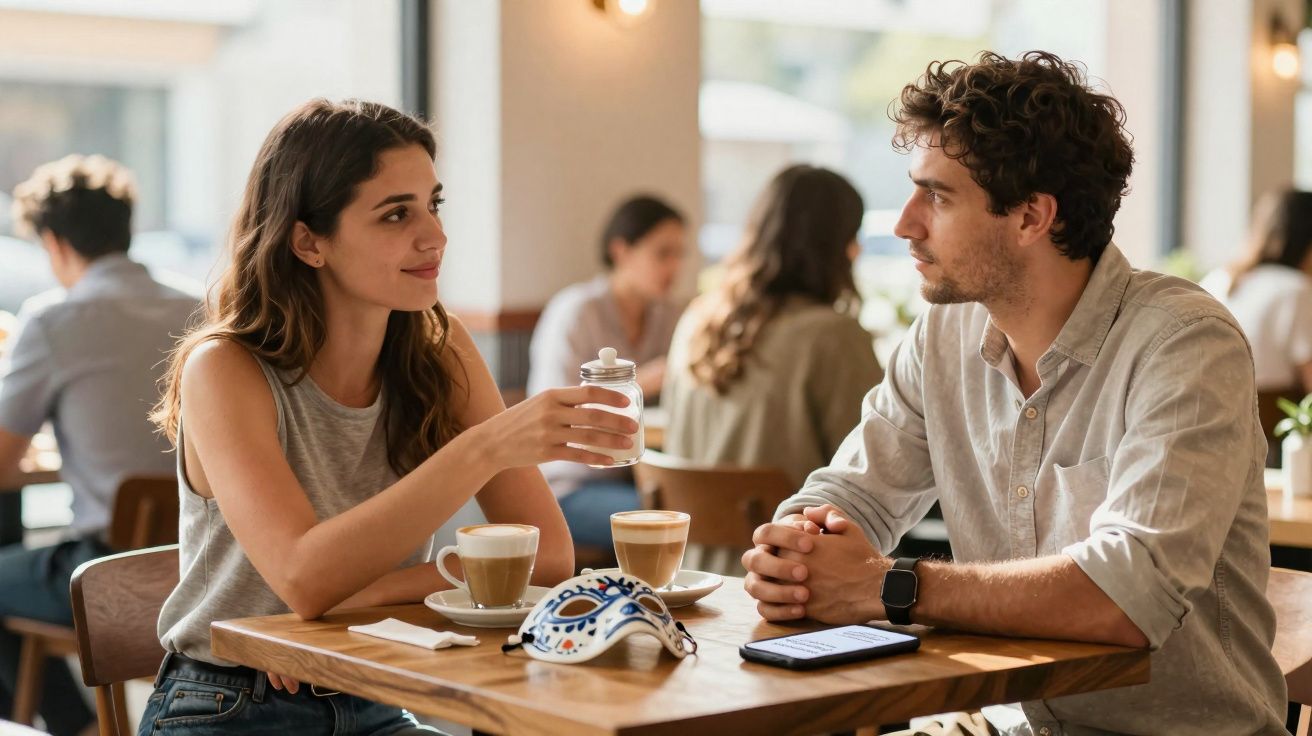 Casal sentado num café a conversar, com duas bebidas e uma máscara decorativa na mesa.