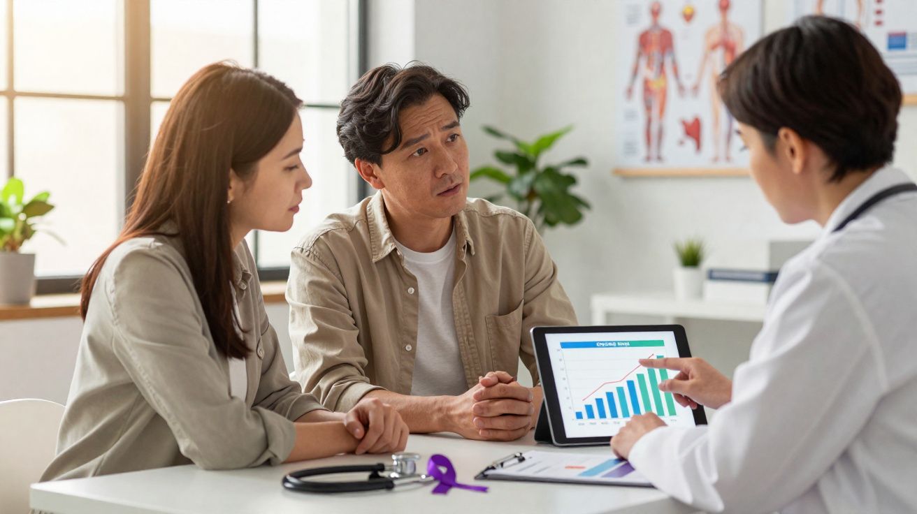 Casal consulta médico que mostra gráfico de barras num tablet numa clínica luminosa e moderna.