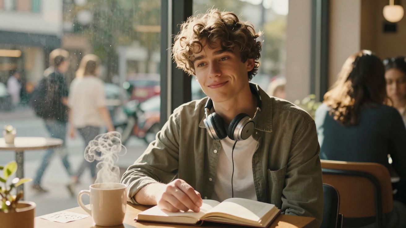 Rapaz sorridente com auscultadores ao pescoço a ler um livro num café com chá à frente.