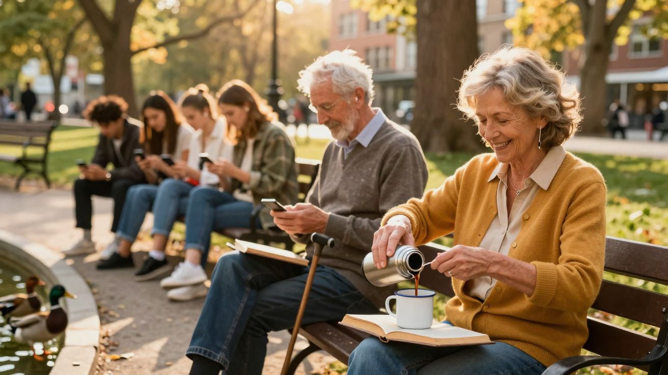 Idosos sentados num banco de jardim, ela serve chá enquanto ele usa telemóvel, outros jovens ao fundo também com telemóveis.