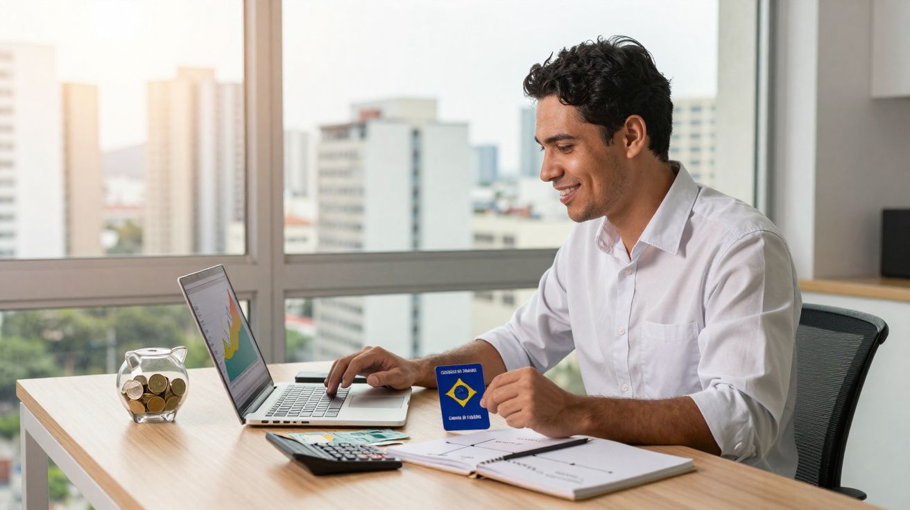 Homem sentado na secretária com portátil, caneta, caderno e carteira, segurando passaporte do Brasil.