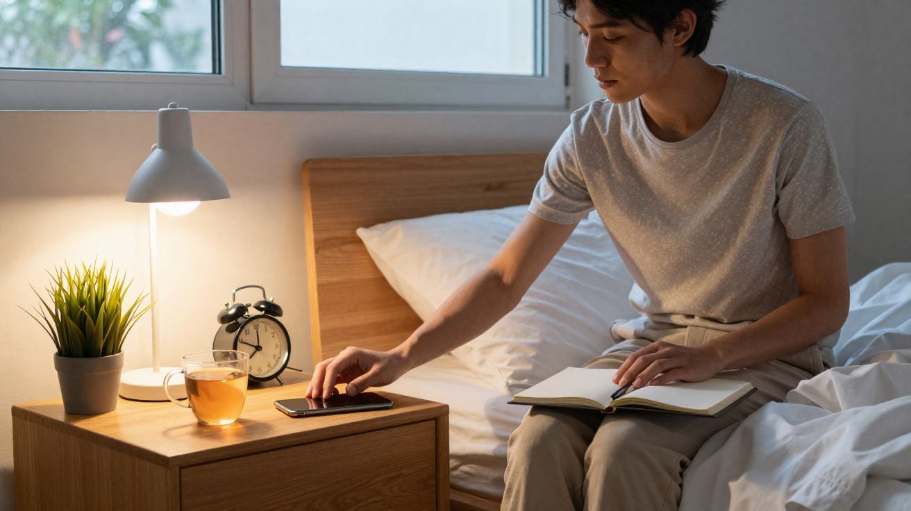 Jovem sentada na cama a pegar o telemóvel, com livro aberto e mesa de cabeceira com chá e relogio.