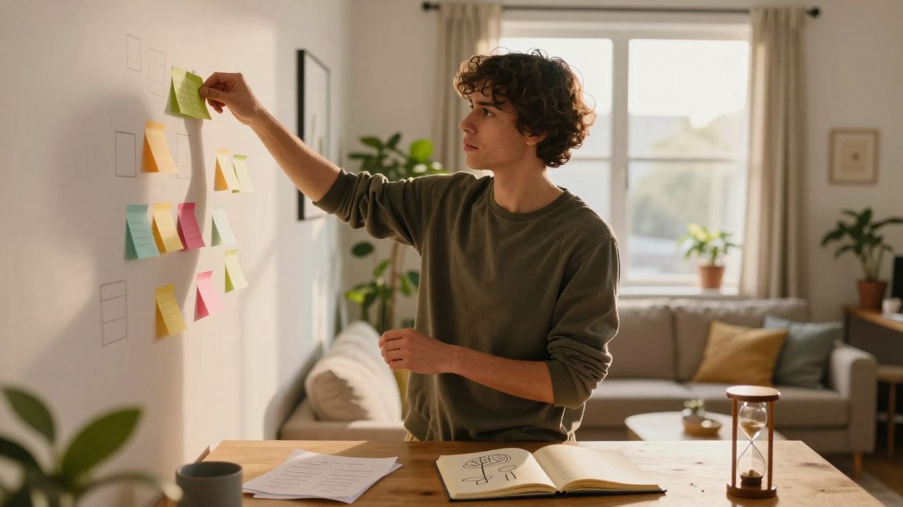 Jovem a organizar notas coloridas numa parede, num ambiente de casa com luz natural e plantas.