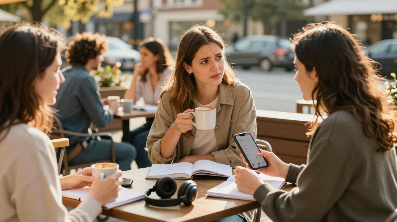 Três mulheres sentadas numa esplanada, a conversar com cafés, livros e auscultadores na mesa.