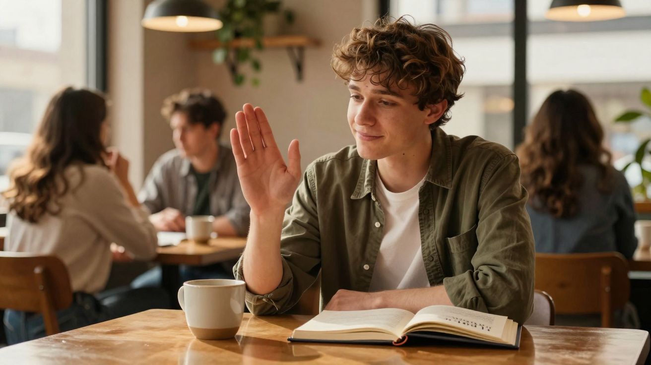 Jovem sentado numa mesa de café com um livro aberto, levantando a mão para cumprimentar alguém.