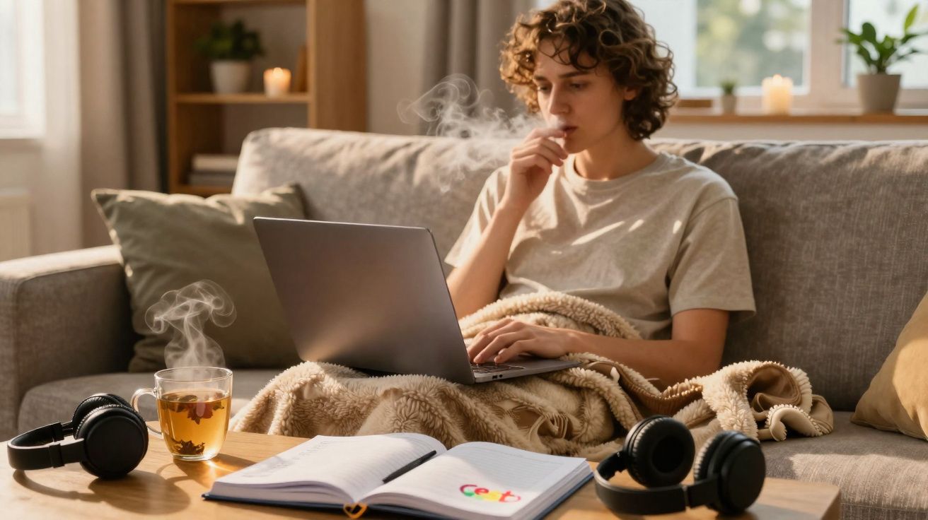 Pessoa sentada no sofá com computador portátil, chá quente, caderno aberto e auscultadores numa sala confortável.