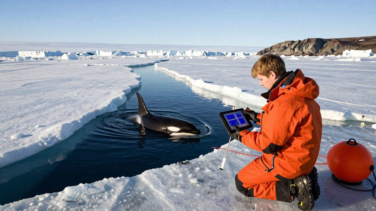Pessoa com roupa de proteção laranja observa orca perto de gelo flutuante no oceano polar.