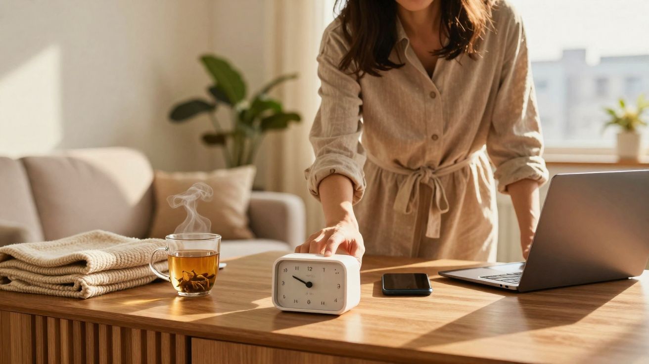 Mulher em casa a apagar o despertador numa mesa com chá quente, telemóvel e computador portátil.