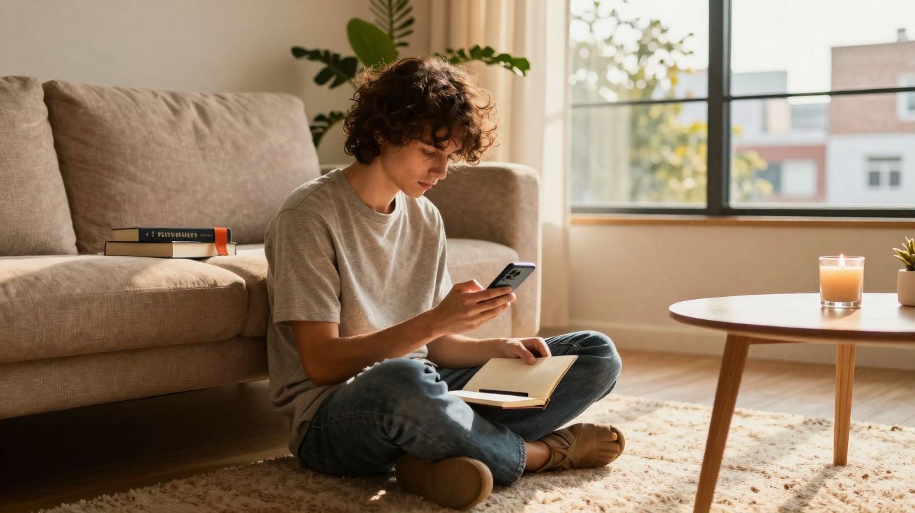 Jovem sentado no chão a ler um livro e usar o telemóvel numa sala iluminada pelo sol.