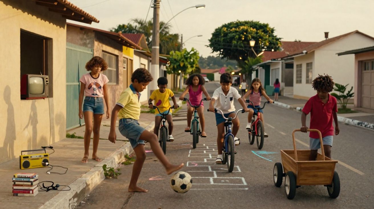 Crianças a brincar na rua, algumas de bicicleta, outras a jogar à bola e uma a puxar um carrinho de madeira.