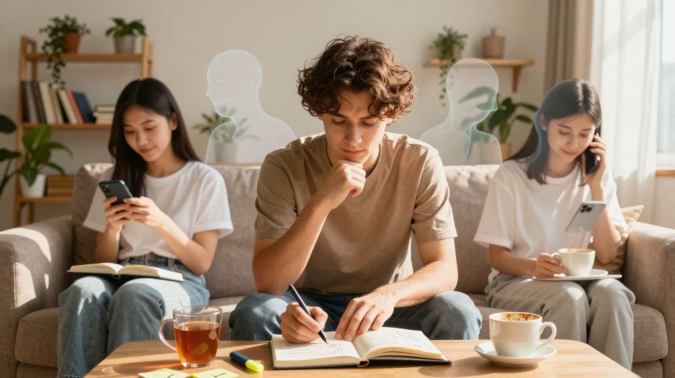 Três jovens sentados no sofá; um escreve num caderno, uma usa telemóvel e outra fala ao telefone.