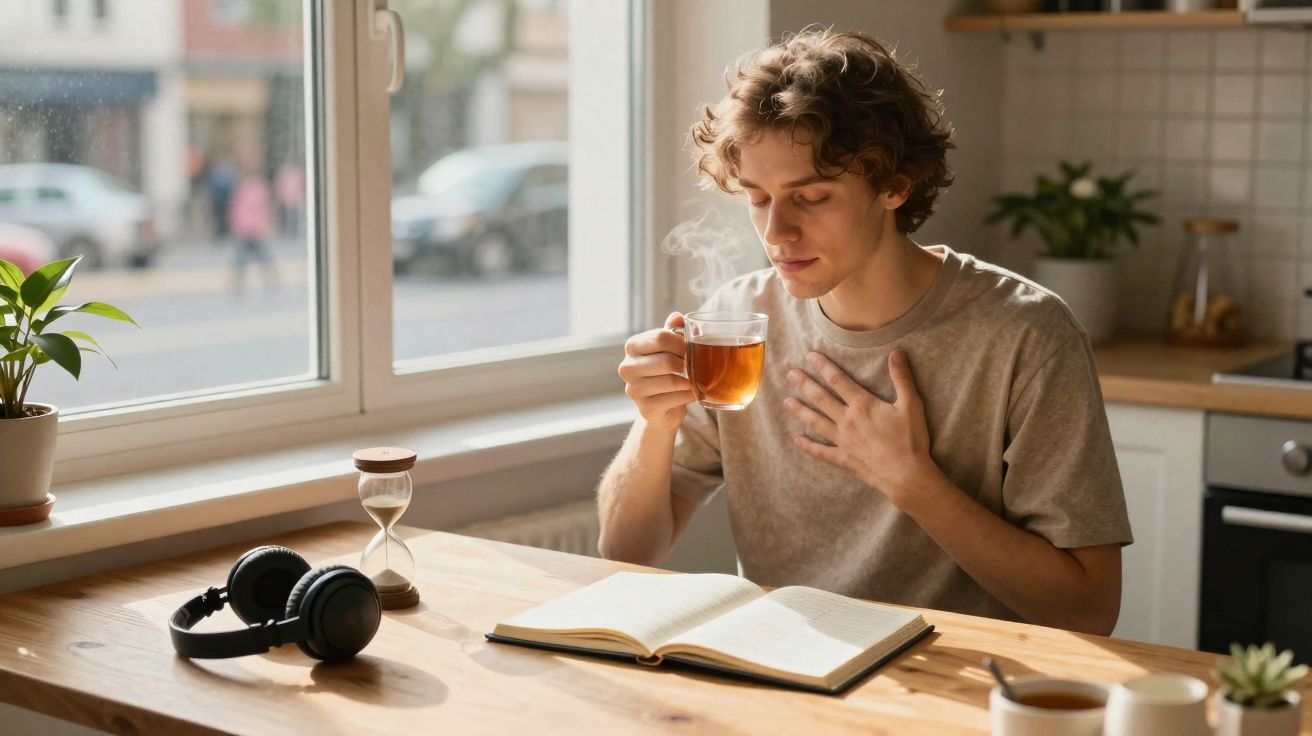 Jovem sentado a beber chá quente e a ler um livro numa cozinha iluminada pela janela.