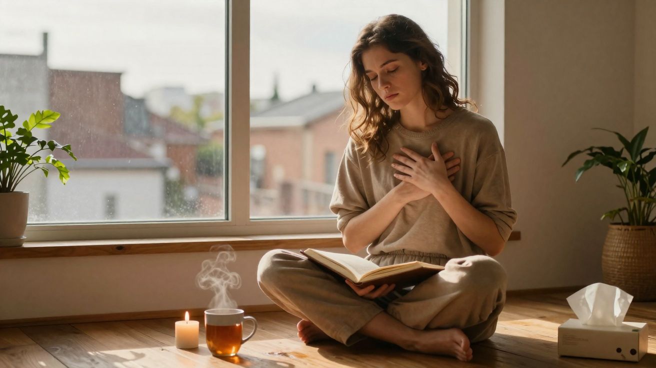 Mulher sentada no chão, meditando com livro aberto, vela acesa e chá quente junto à janela.