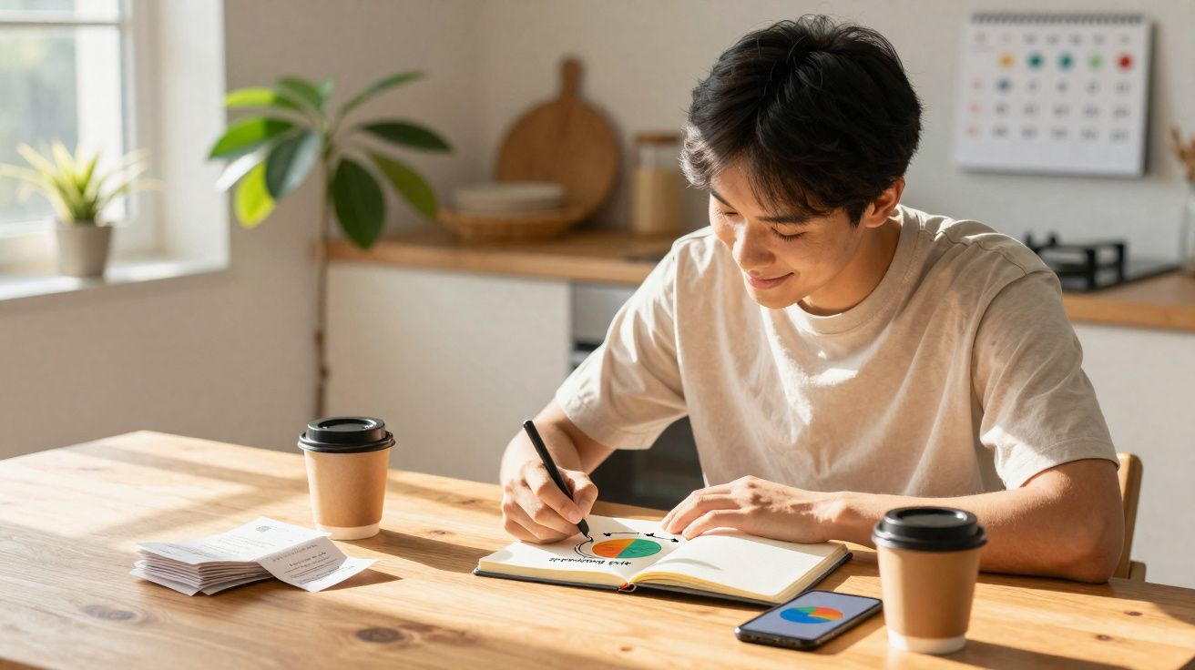 Jovem a desenhar gráfico colorido em caderno numa mesa com dois copos de café e smartphone ao lado.